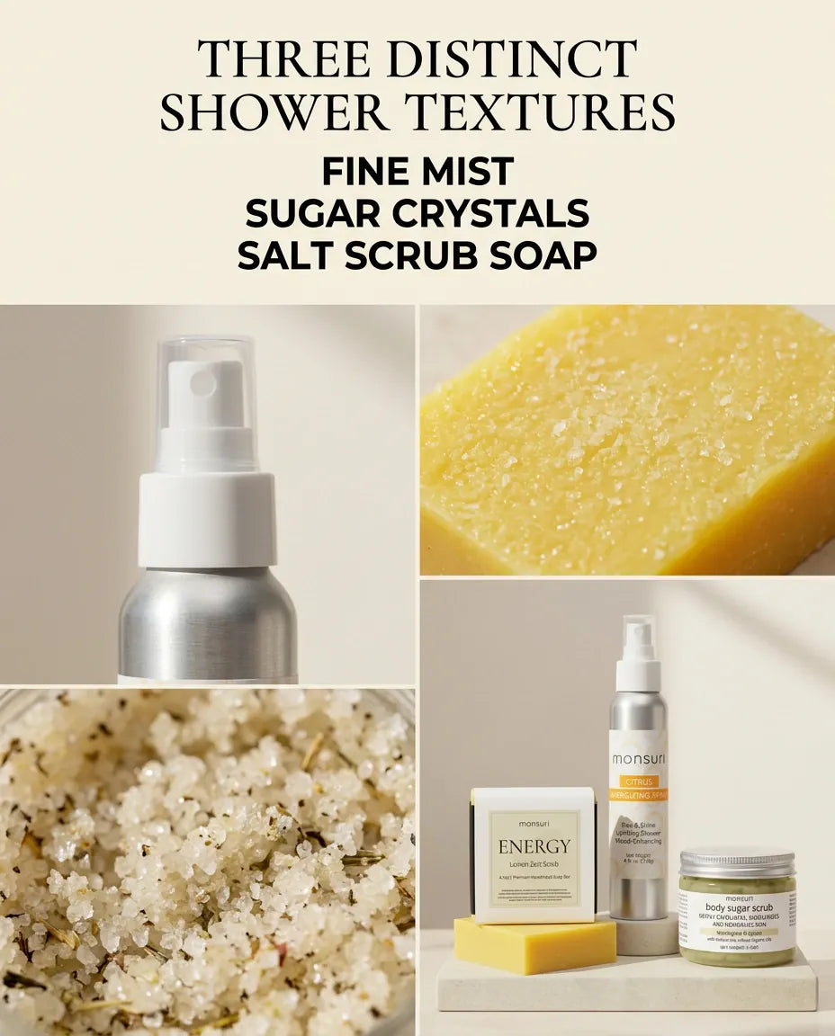Three distinct shower textures - the fine mist of the spray, the sugar crystals of the scrub and the salt-scrub surface of the soap bar, shown close up