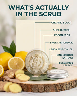 What's actually in the scrub - sugar, shea butter, coconut oil, sweet almond oil, lemon essential oil, ginger root extract and eucalyptus leaf oil, called out against the open jar