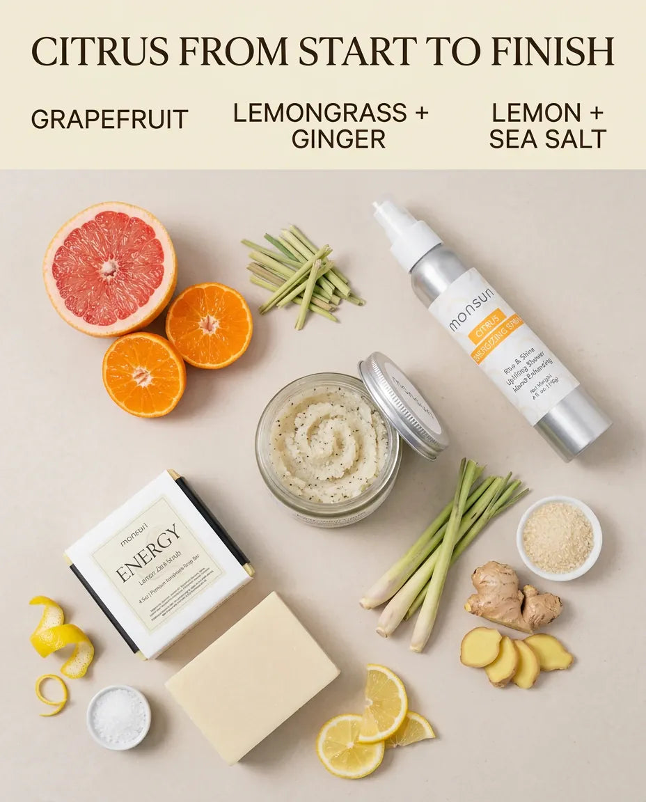Citrus from start to finish - grapefruit in the spray, lemongrass and ginger in the scrub, lemon and sea salt in the soap bar, shown with the whole ingredients