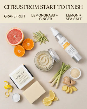 Citrus from start to finish - grapefruit in the spray, lemongrass and ginger in the scrub, lemon and sea salt in the soap bar, shown with the whole ingredients