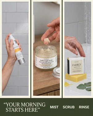 Your morning starts here - mist, scrub, rinse: three panels showing the spray being misted into the shower, the sugar scrub being scooped, and the soap bar in the water