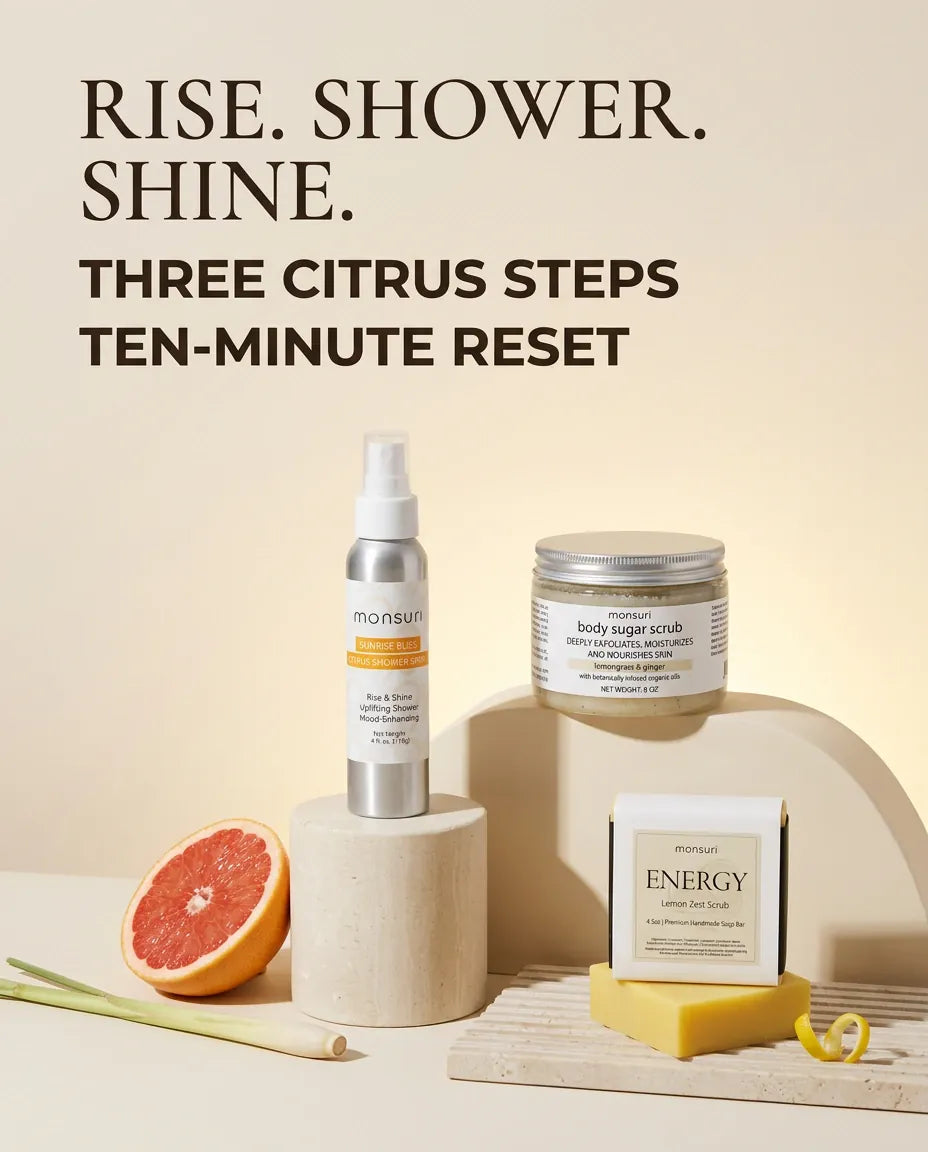 Rise, shower, shine - three citrus steps and a ten-minute reset, the spray, the scrub and the soap bar arranged on pale plinths with grapefruit and lemongrass