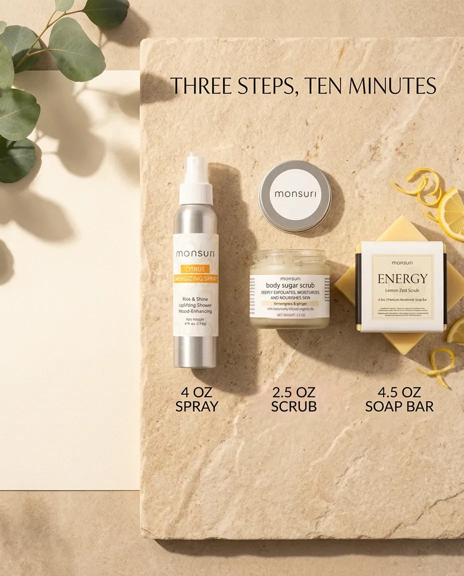 Three steps, ten minutes - a 4 oz spray, a 2.5 oz scrub and a 4.5 oz soap bar laid out on stone with eucalyptus and lemon peel