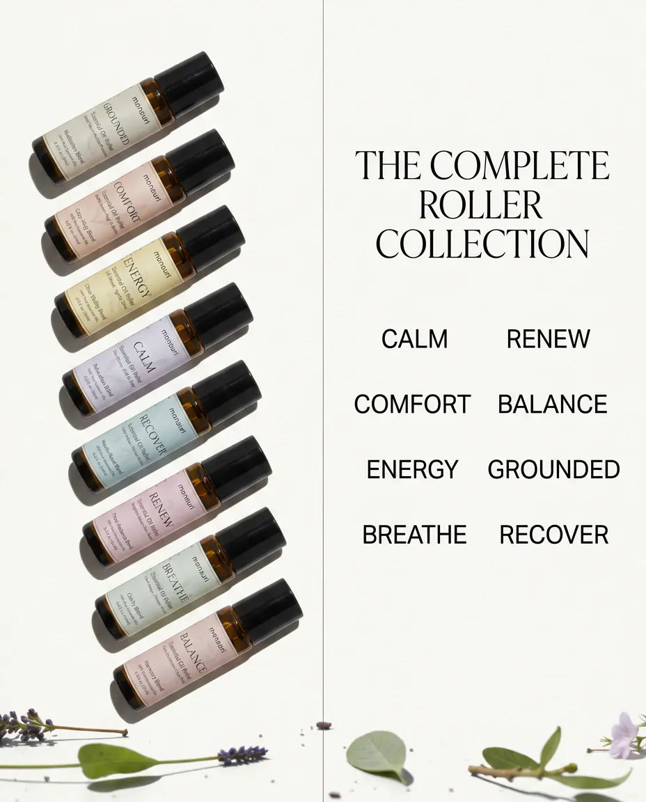 The complete roller collection - CALM, COMFORT, ENERGY, BREATHE, RENEW, BALANCE, GROUNDED and RECOVER, the eight rollers fanned out on cream
