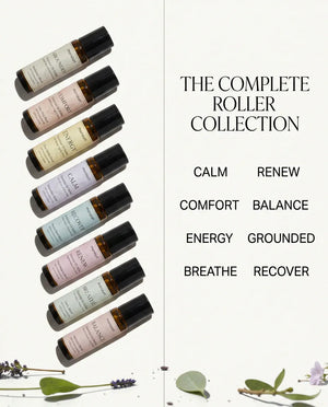 The complete roller collection - CALM, COMFORT, ENERGY, BREATHE, RENEW, BALANCE, GROUNDED and RECOVER, the eight rollers fanned out on cream