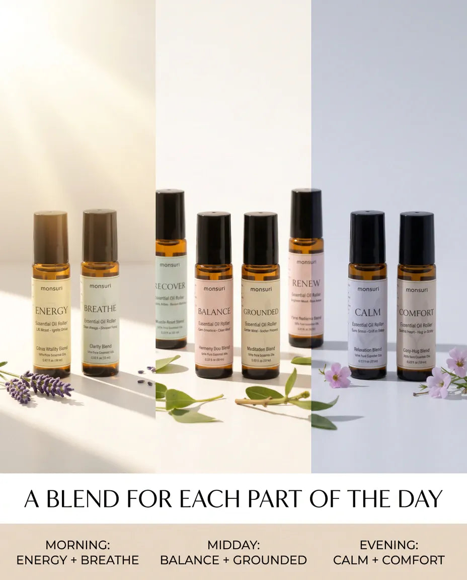 A blend for each part of the day - morning is ENERGY and BREATHE, midday is BALANCE and GROUNDED, evening is CALM and COMFORT
