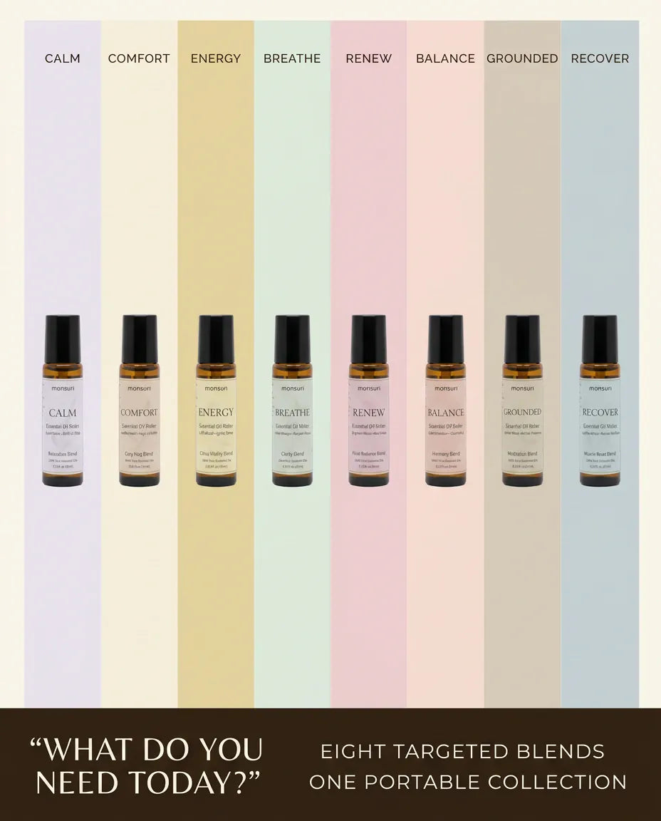 What do you need today - eight targeted blends in one portable collection: CALM, COMFORT, ENERGY, BREATHE, RENEW, BALANCE, GROUNDED and RECOVER, each on its own colour band