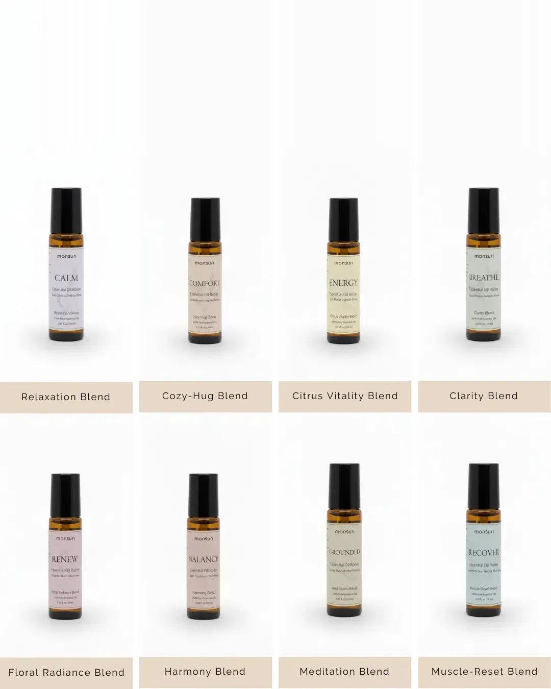 All eight Monsuri rollers shown individually and labelled: Relaxation, Cozy-Hug, Citrus Vitality, Clarity, Floral Radiance, Harmony, Meditation and Muscle-Reset blends