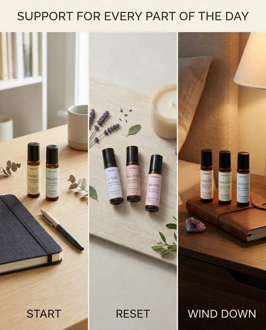 Support for every part of the day - start at the desk with BREATHE, reset midday with CALM, BALANCE and RENEW, and wind down at the bedside with COMFORT and GROUNDED