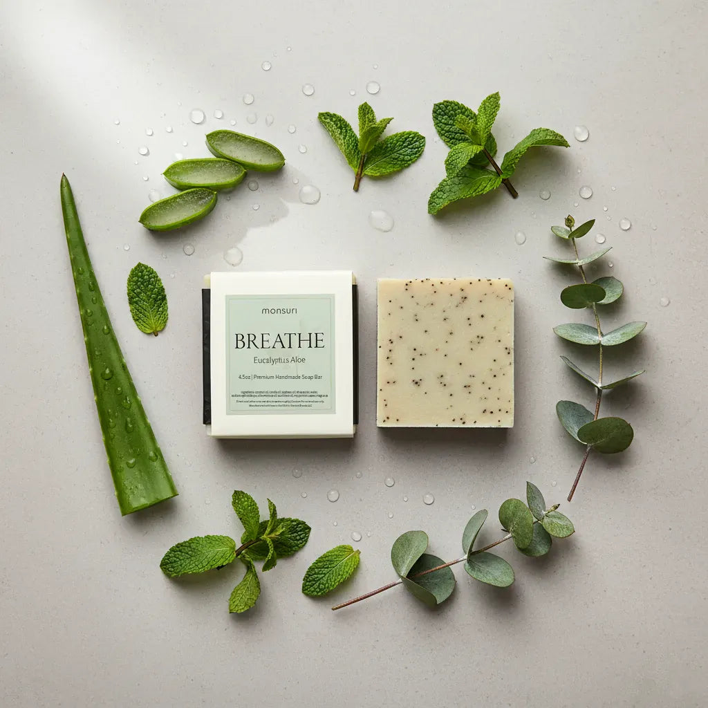 Natural eucalyptus peppermint soap with fresh botanical leaves showing organic ingredients for aromatherapy shower and respiratory clarity benefits