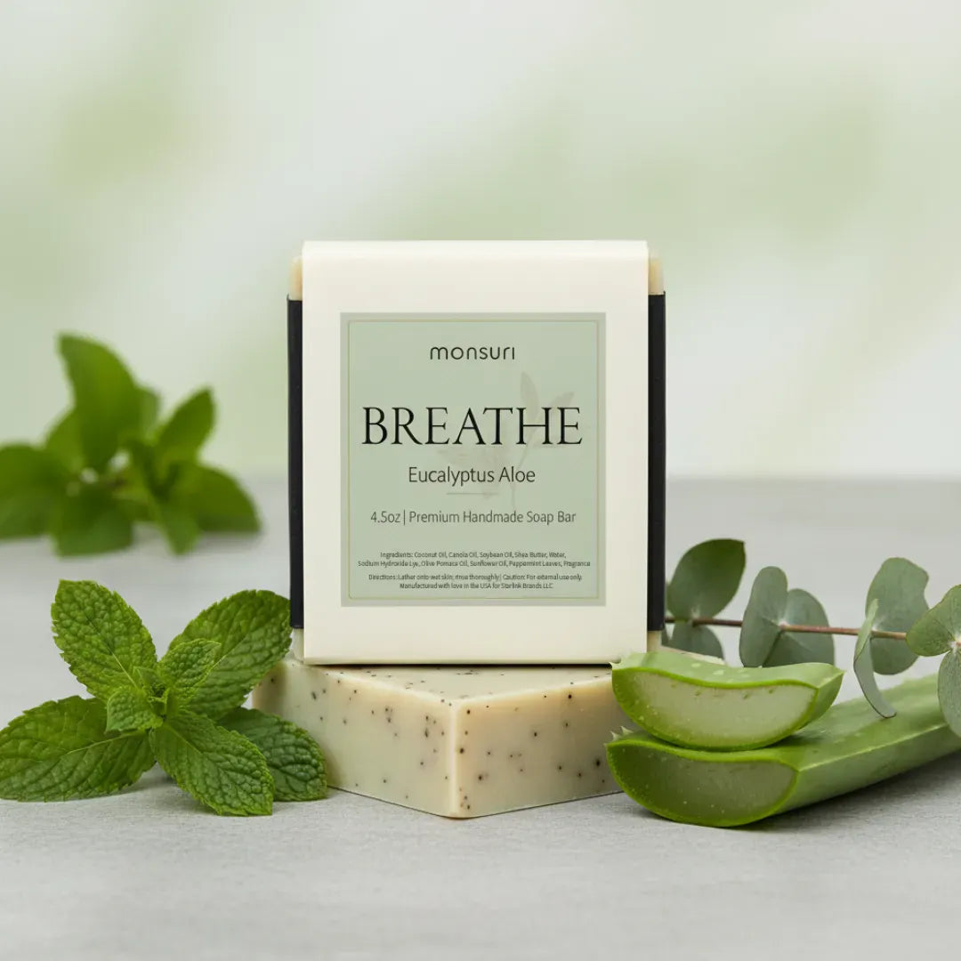 Monsuri Breathe Eucalyptus Aloe handmade soap bar with natural peppermint leaves and eucalyptus botanical ingredients for mental clarity and shower aromatherapy