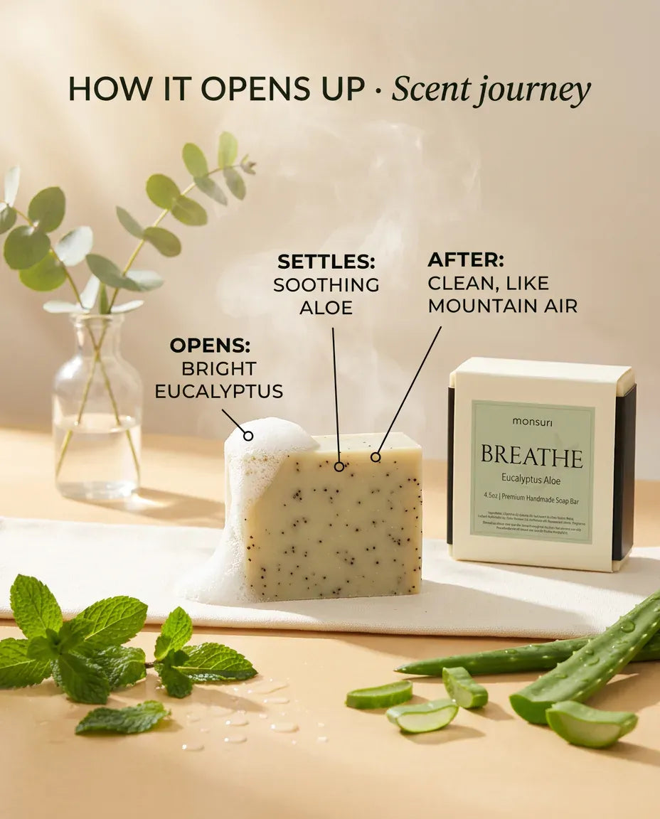 Scent profile of Eucalyptus Aloe soap: bright eucalyptus settling into soothing aloe and clean mountain air