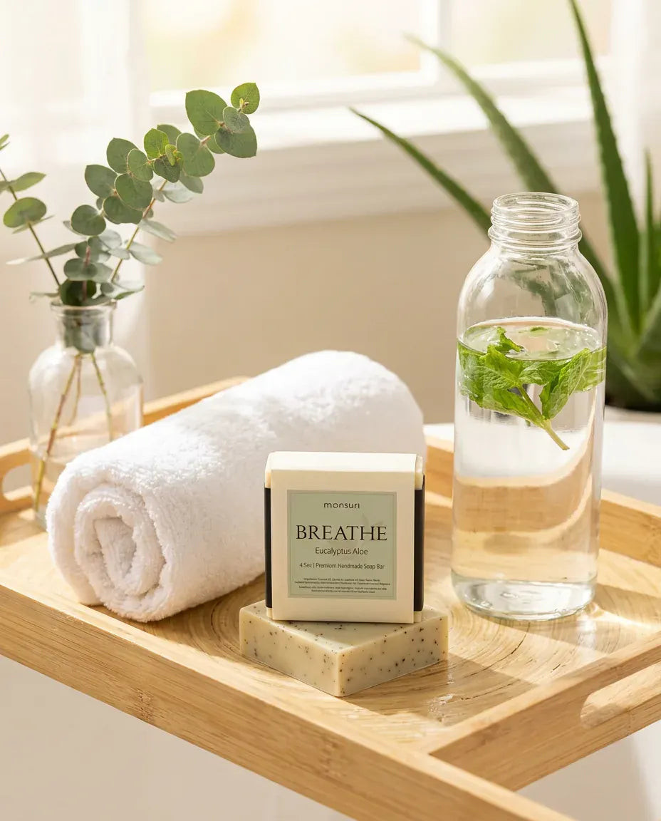 Eucalyptus Aloe soap box and bar on a bamboo bath tray — natural clarity soap bar