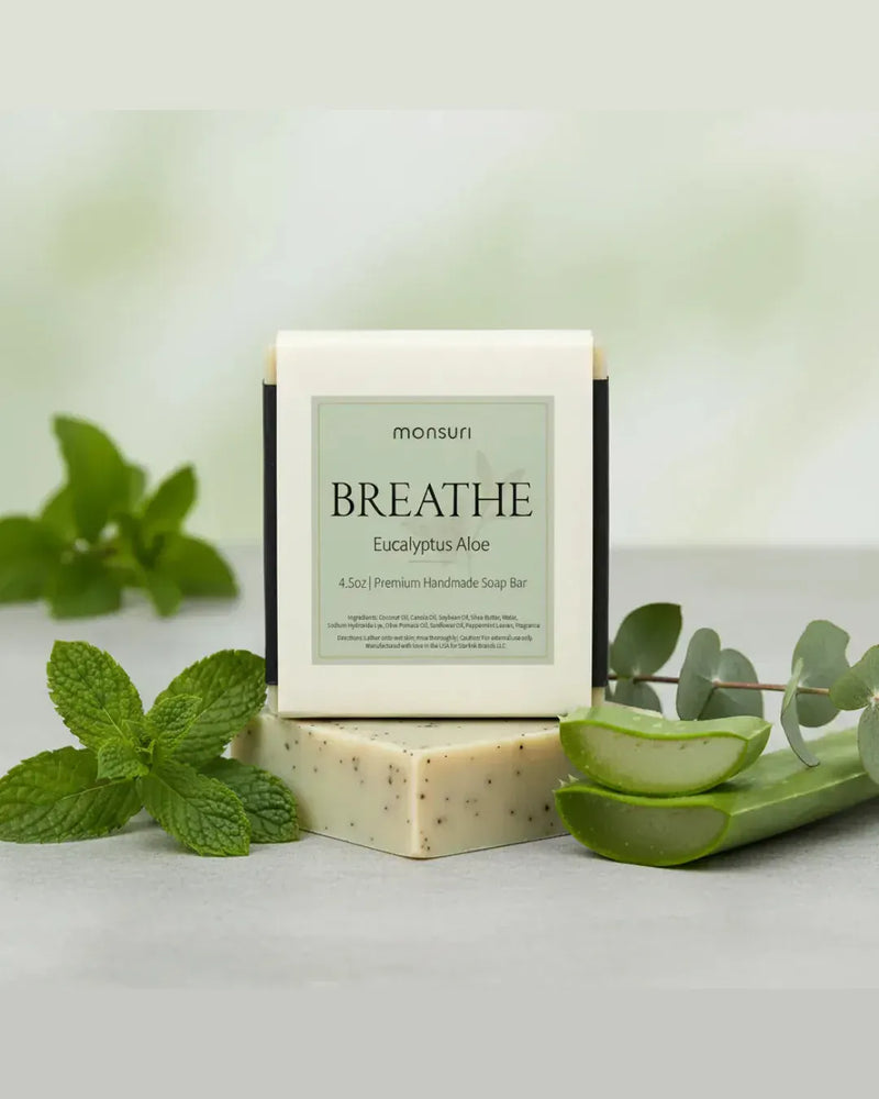 Monsuri Breathe Eucalyptus Aloe handmade soap bar with natural peppermint leaves and eucalyptus botanical ingredients for mental clarity and shower aromatherapy