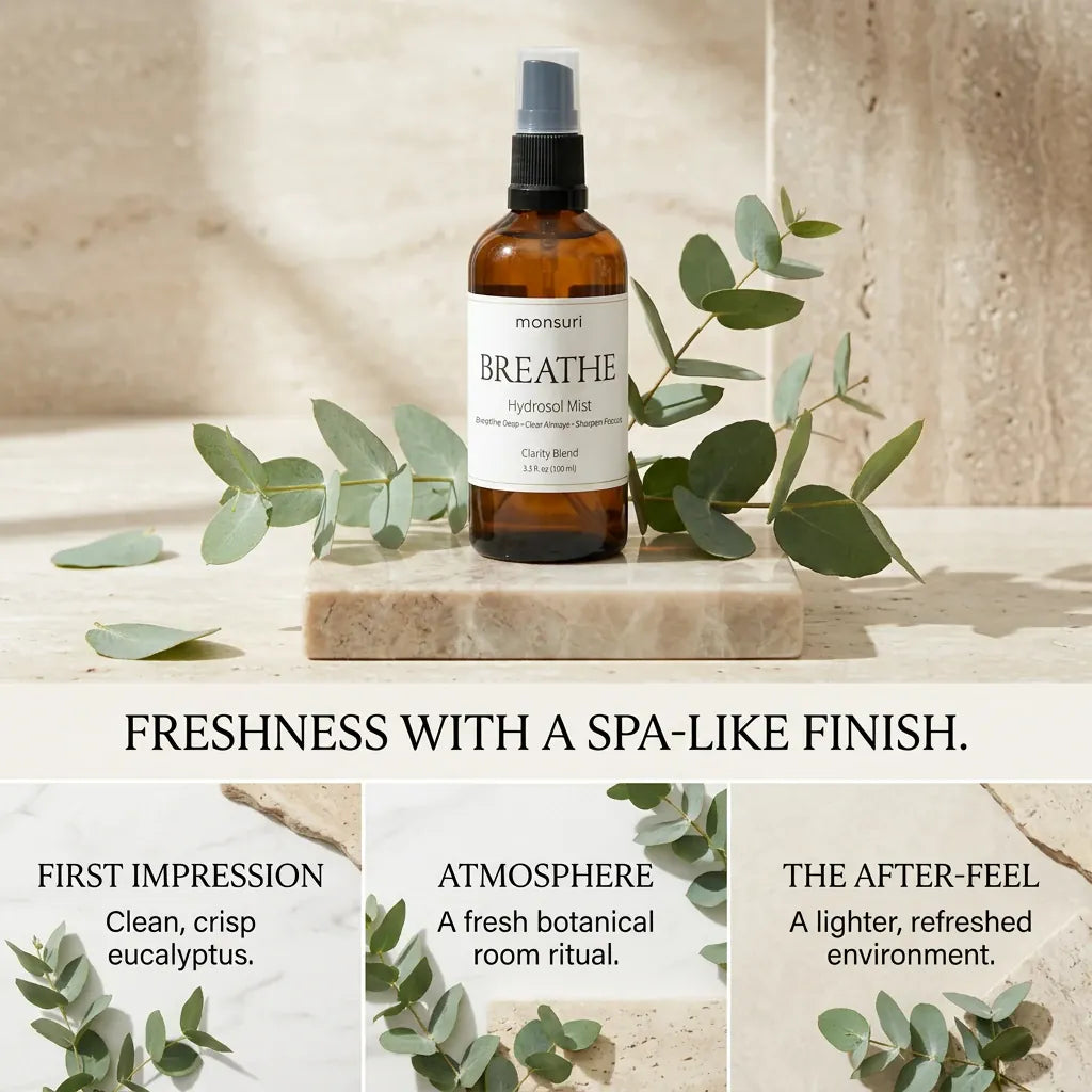 Monsuri BREATHE eucalyptus hydrosol on a stone tile with eucalyptus sprigs, labeled freshness with a spa-like finish: clean crisp eucalyptus, a fresh botanical room ritual, a lighter refreshed environment.