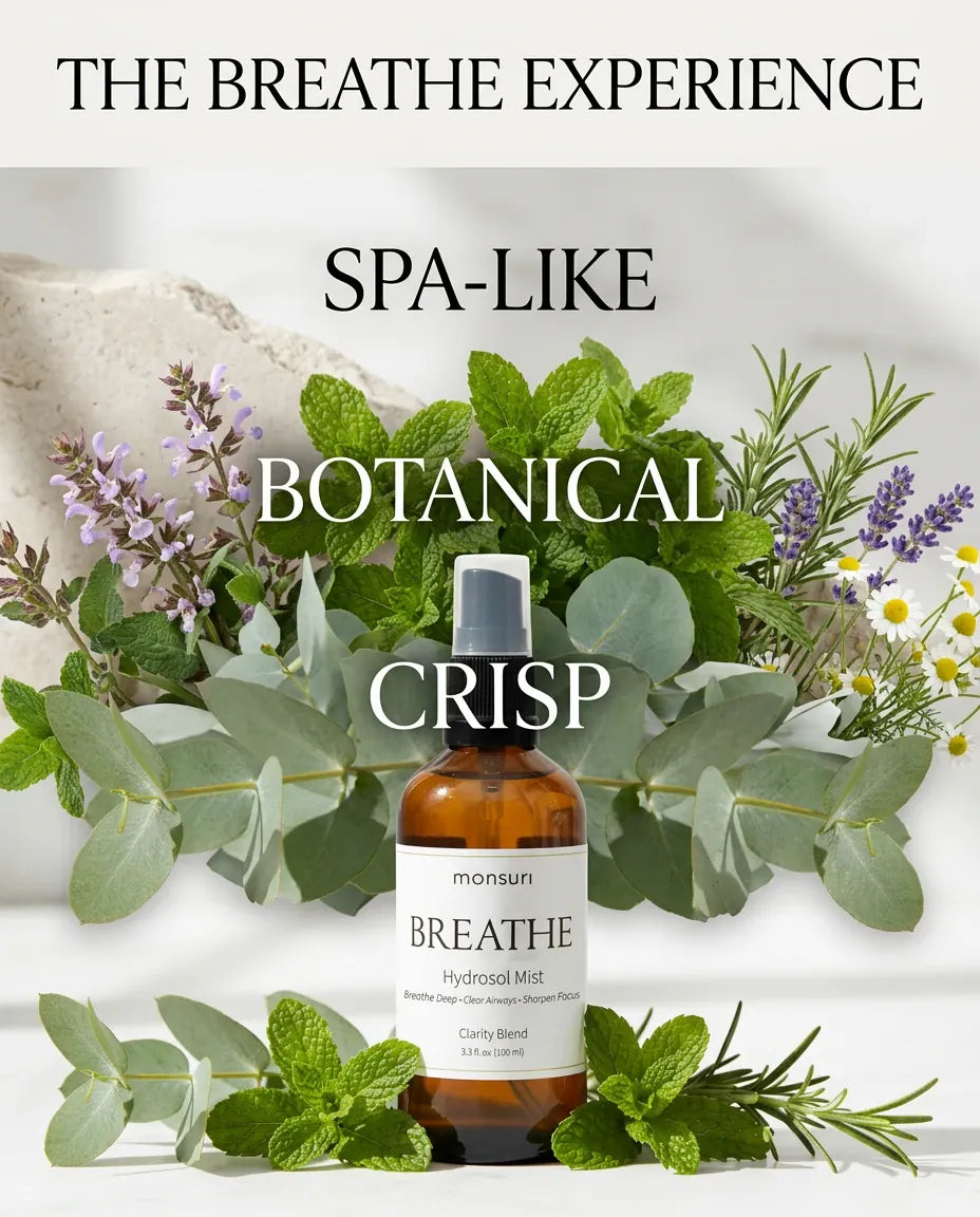 Monsuri BREATHE eucalyptus hydrosol surrounded by fresh herbs, labeled the BREATHE experience: spa-like, botanical, crisp.