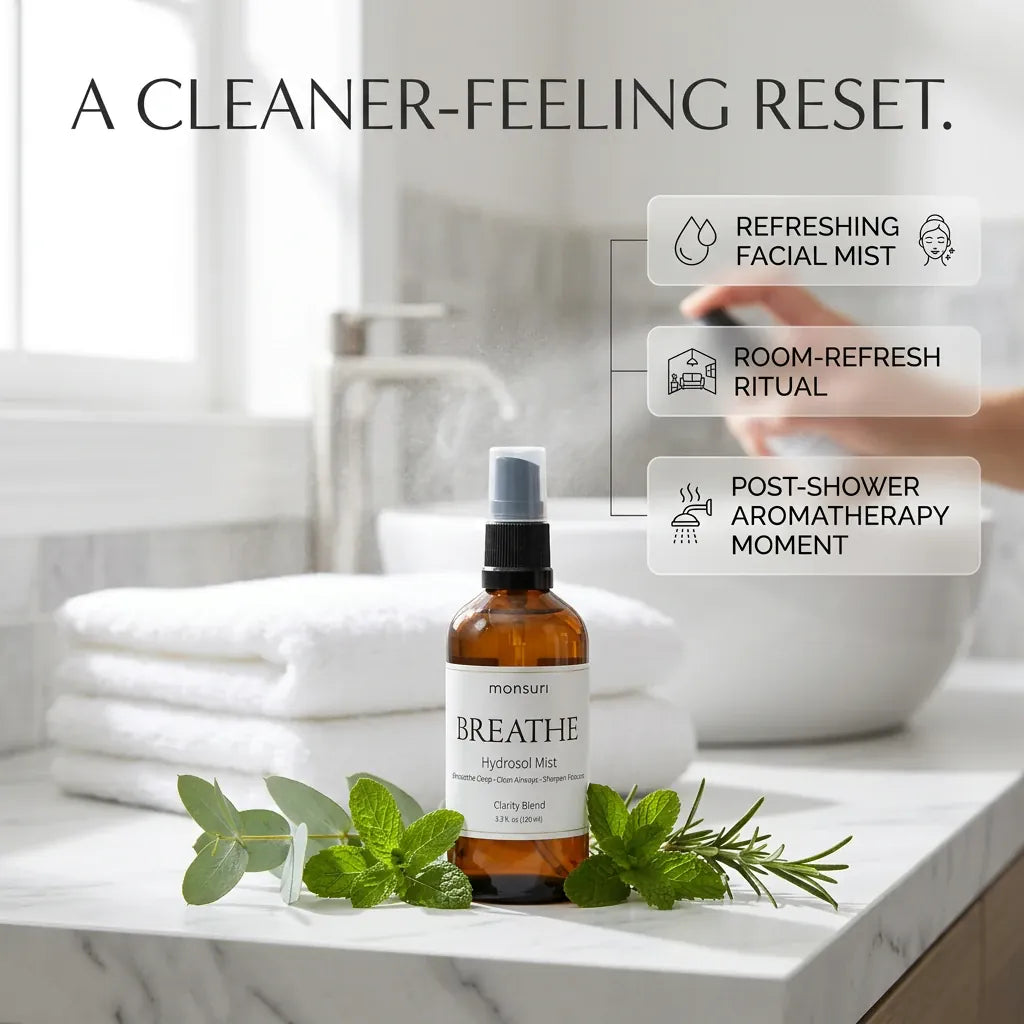 Monsuri BREATHE eucalyptus hydrosol styled on a bathroom counter with towels and fresh herbs, labeled a cleaner-feeling reset: refreshing facial mist, room-refresh ritual, post-shower aromatherapy moment.