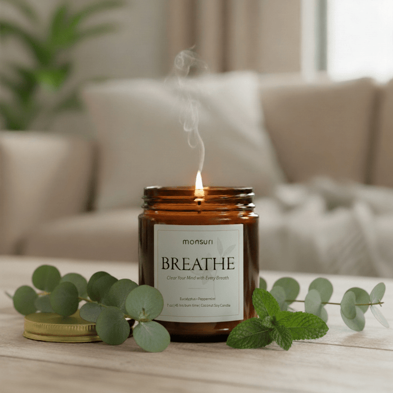 Eucalyptus peppermint candle in amber glass with brass lid burning on home living room table.