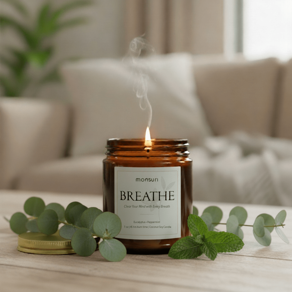 Eucalyptus peppermint candle in amber glass with brass lid burning on home living room table.