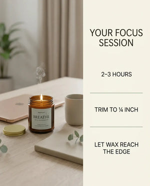 Infographic with first-burn instructions for the Monsuri BREATHE candle: burn 2-3 hours, trim wick to 1/4 inch, and let the wax pool reach the edge.