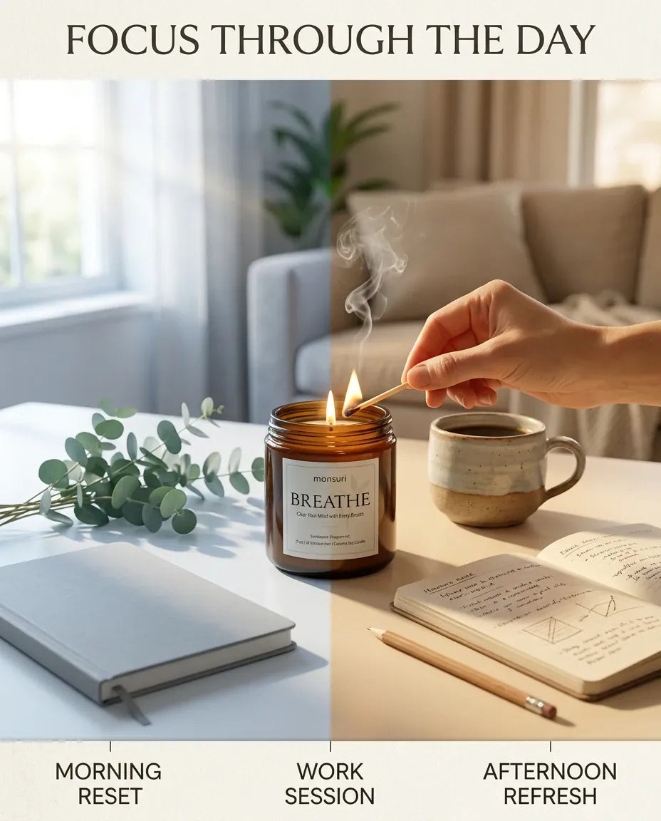 Split infographic showing a hand lighting the Monsuri BREATHE candle at a desk, labeled morning reset, work session, and afternoon refresh.