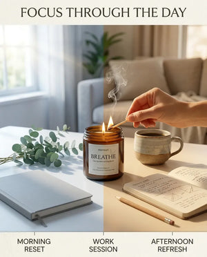 Split infographic showing a hand lighting the Monsuri BREATHE candle at a desk, labeled morning reset, work session, and afternoon refresh.