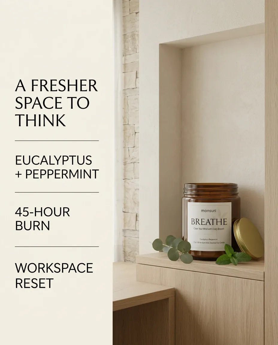 Infographic listing Monsuri BREATHE candle facts: eucalyptus and peppermint scent, 45-hour burn time, and workspace reset, beside the jar on a wood shelf.