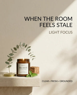 Infographic card for Monsuri BREATHE candle reading 'When the room feels stale, light Focus' with the candle glowing on a stone ledge under eucalyptus.