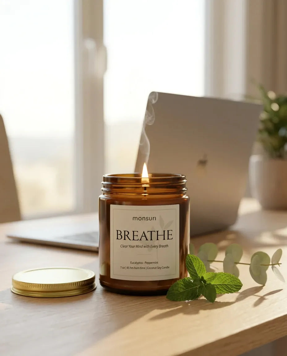 Monsuri BREATHE eucalyptus peppermint candle burning on a home office desk beside a laptop in morning window light.