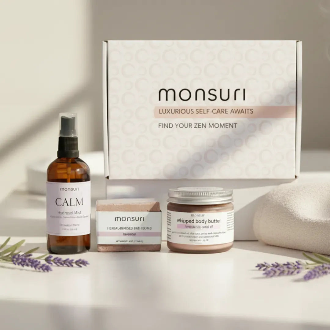 Lavender sleep gift set with pillow spray bath bomb body butter self care evening wind down in botanical gift box.