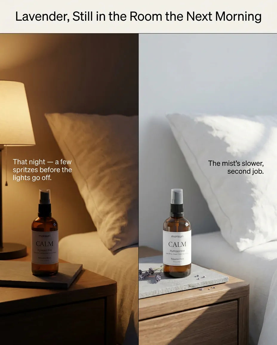 Lavender still in the room the next morning: the hydrosol mist on the nightstand that night before the lights go off, and the same bottle beside a made bed in daylight.