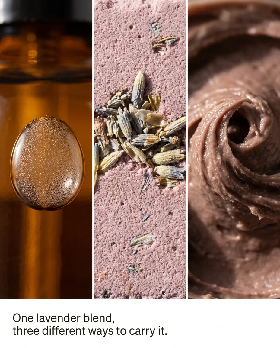 One lavender blend in three textures, shown close up: a droplet on the hydrosol mist bottle, dried lavender pressed into the bath bomb, and the whipped body butter swirled in the jar.