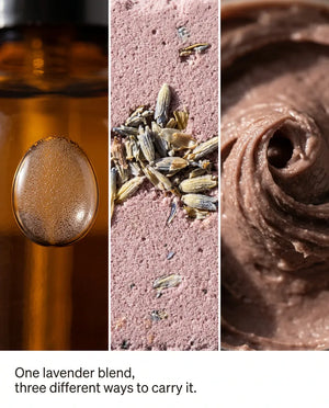 One lavender blend in three textures, shown close up: a droplet on the hydrosol mist bottle, dried lavender pressed into the bath bomb, and the whipped body butter swirled in the jar.