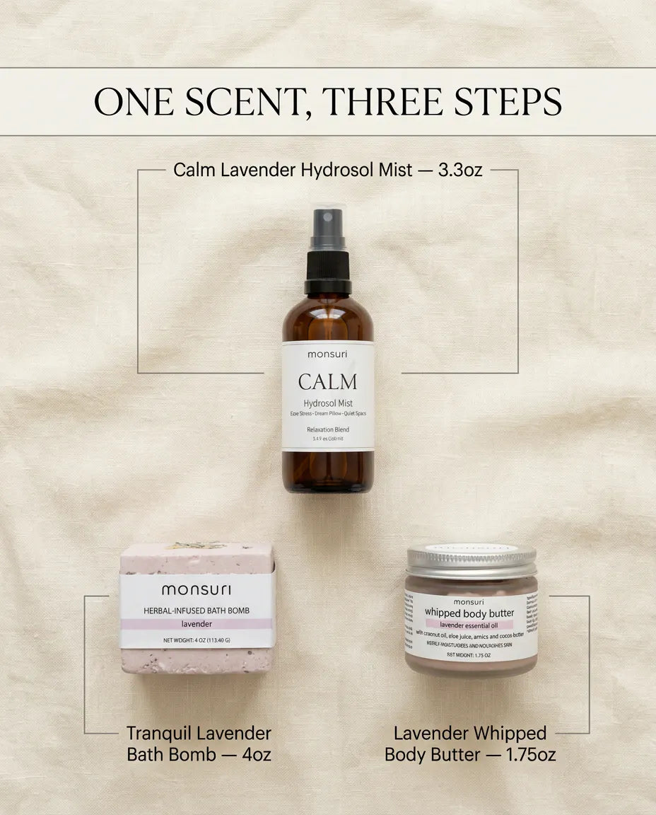 One scent, three steps: the Calm Lavender Hydrosol Mist at 3.3oz, the Tranquil Lavender Bath Bomb at 4oz and the Lavender Whipped Body Butter at 1.75oz, laid out on linen with each piece labelled.