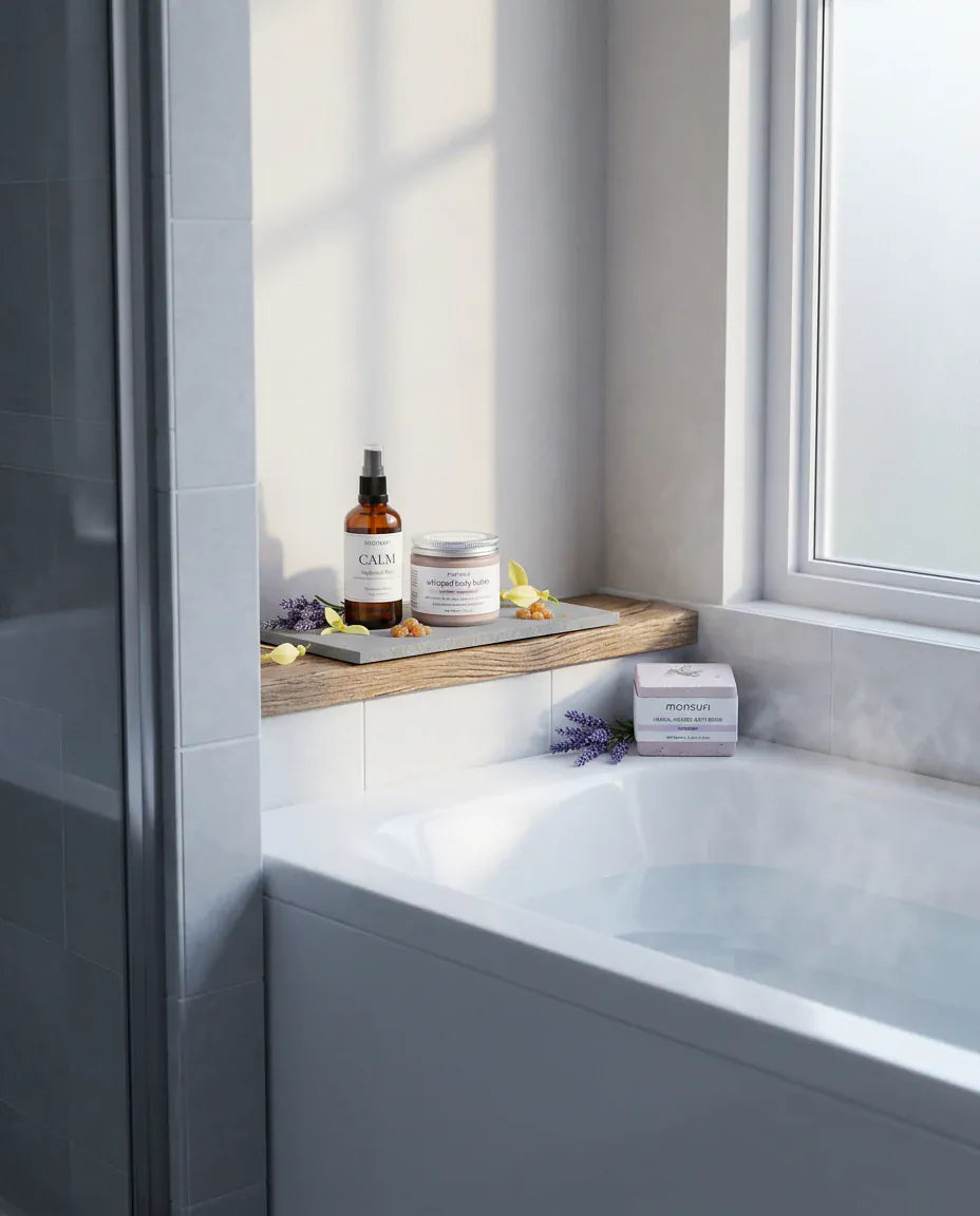 The lavender bedtime trio arranged on a wooden tray across a bath by a bright window, the hydrosol mist and body butter beside the bath bomb.