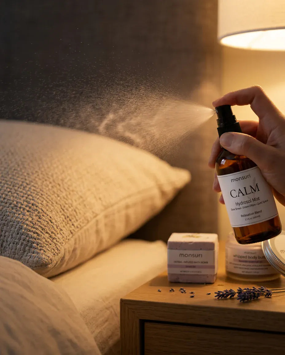 The Calm Lavender Hydrosol Mist being spritzed over a made bed by lamplight, with the lavender bath bomb and whipped body butter on the nightstand below.