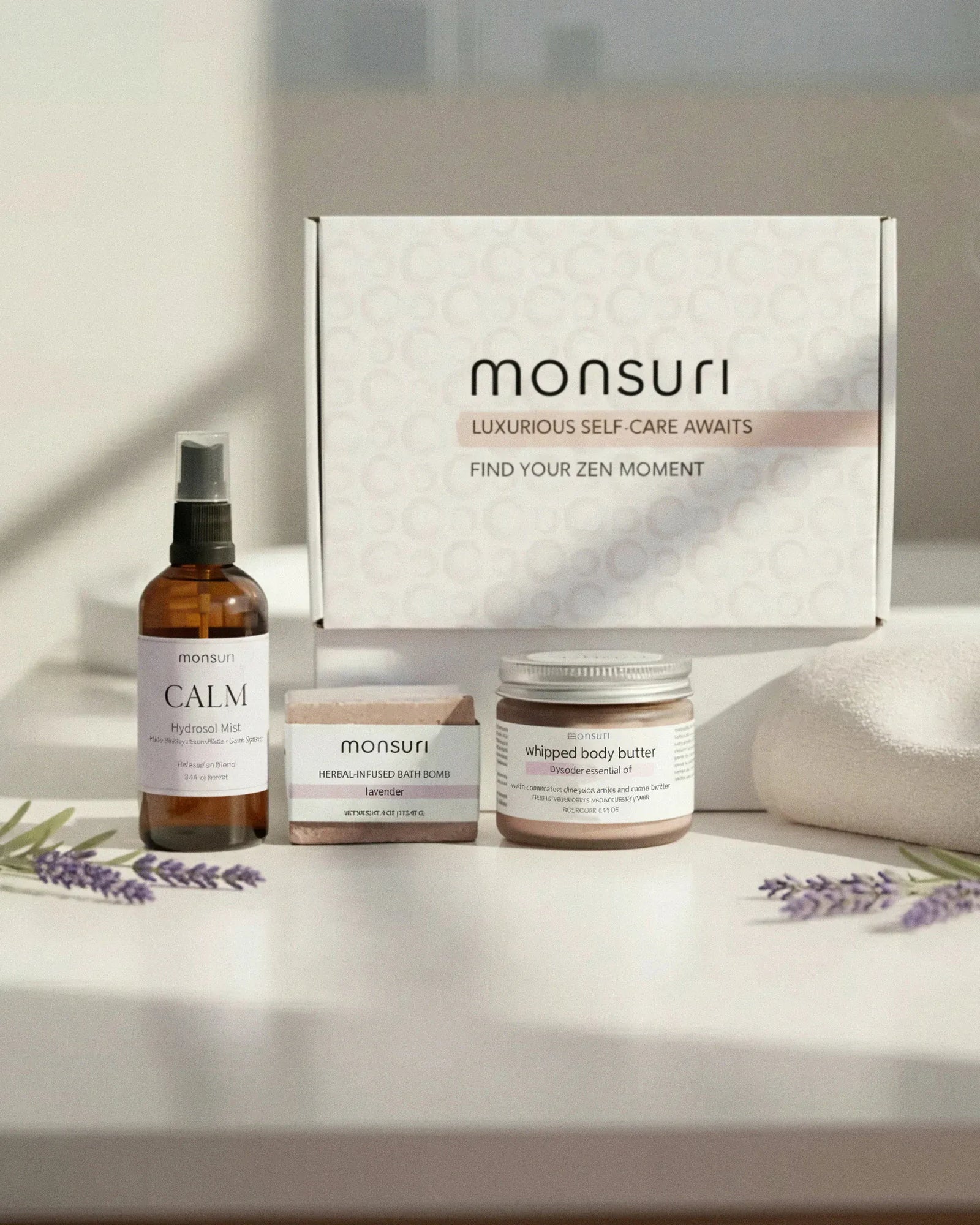 The Evening Wind Down bedtime trio in front of the Monsuri white gift box: the Calm Lavender Hydrosol Mist, the tranquil lavender bath bomb and the lavender whipped body butter, with dried lavender on a sunlit counter.
