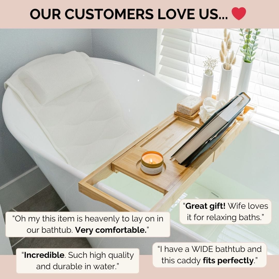 Bathtub tray caddy and bath pillow for head, back & shoulder