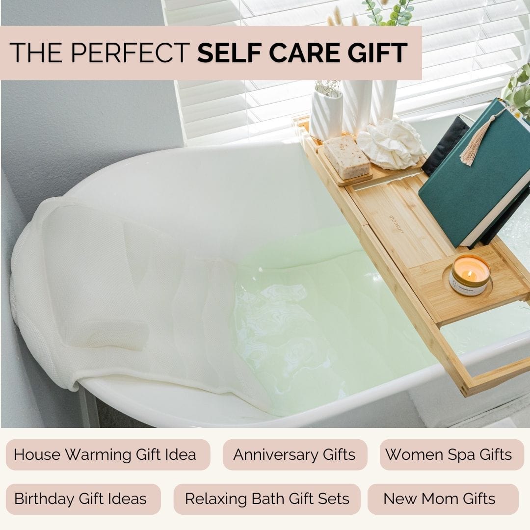 Best bath accessories for a luxurious bathing experience - full body bath pillow and bath tray set.