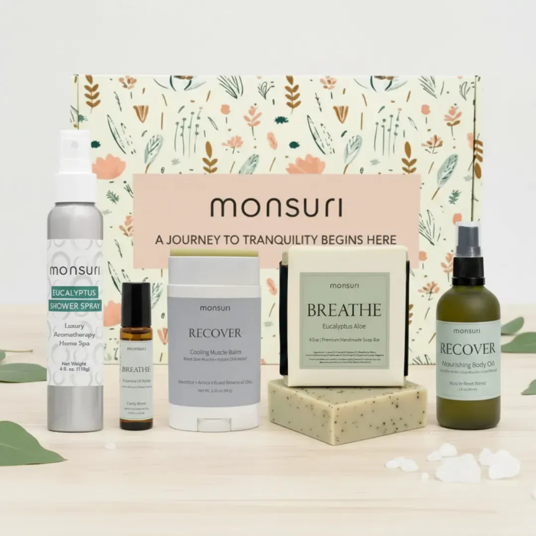 Get well soon gift set with eucalyptus shower spray, arnica body oil, menthol balm, soap and clarity roller for post surgery recovery