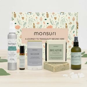 Get well soon gift set with eucalyptus shower spray, arnica body oil, menthol balm, soap and clarity roller for post surgery recovery