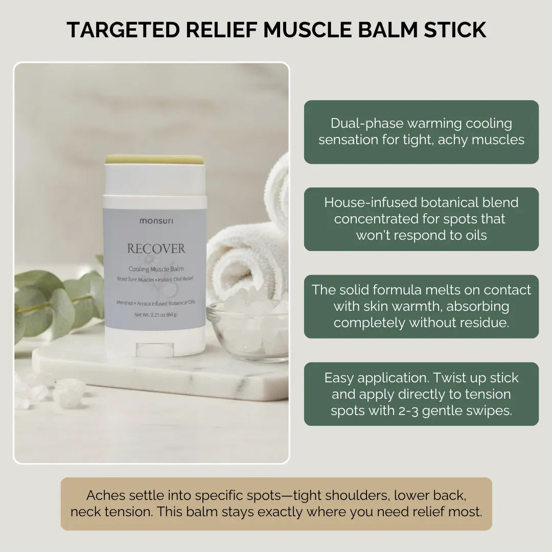 Targeted relief muscle balm stick with menthol and arnica for cooling comfort on sore muscles, incision areas and tension spots during recovery