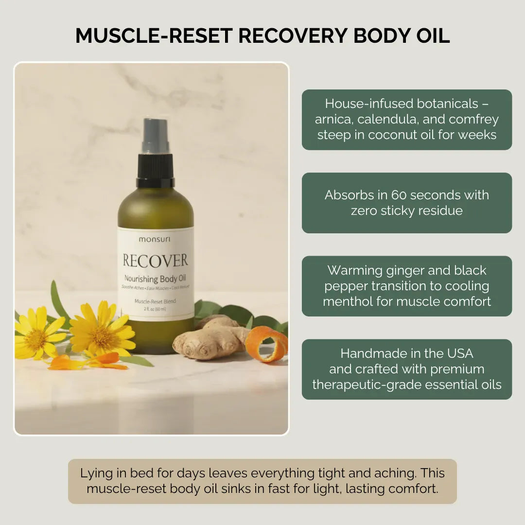 Muscle-reset recovery body oil infused with arnica, calendula, comfrey and St. John's wort for fast-absorbing post-workout and post-surgery muscle care
