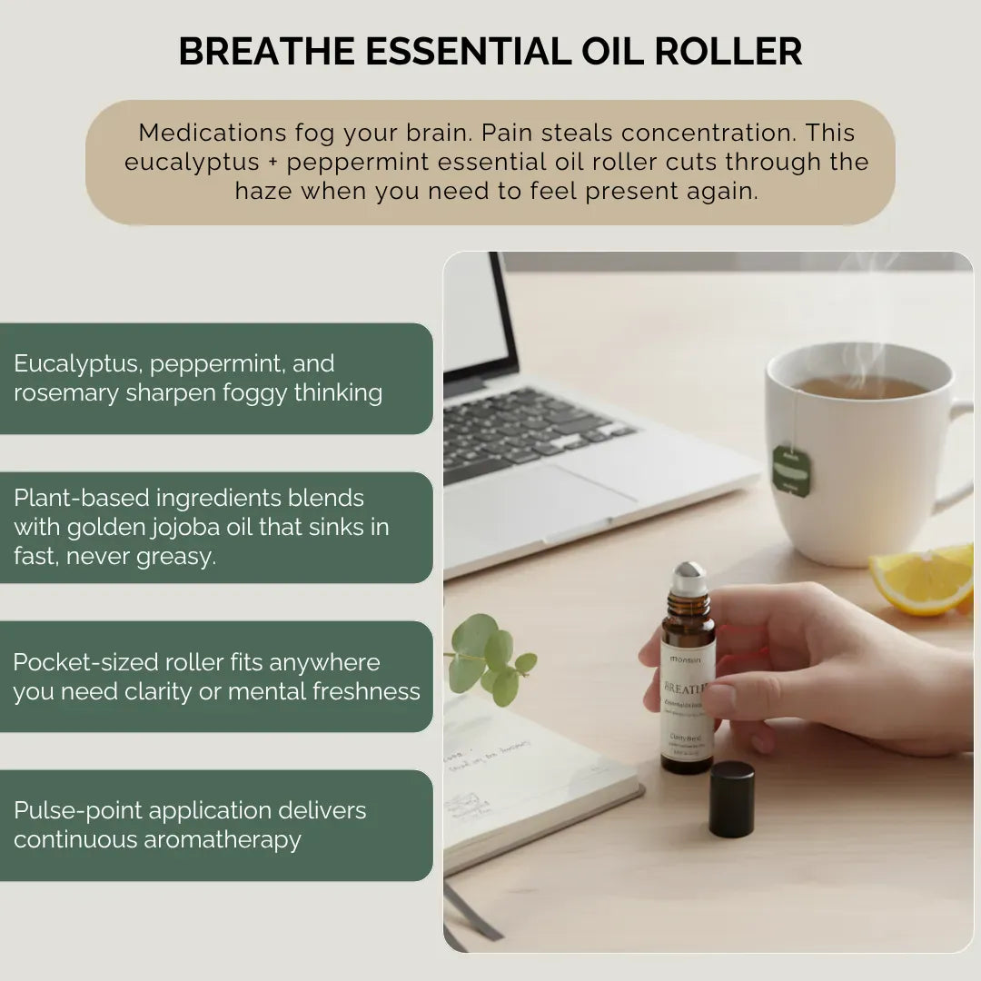 Breathe essential oil roller with eucalyptus, peppermint and rosemary for mental clarity, congestion relief and portable aromatherapy during recovery
