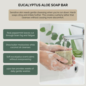 Eucalyptus aloe soap bar with gentle lather for sensitive skin recovery, post-surgery cleansing and illness care with natural botanical ingredients