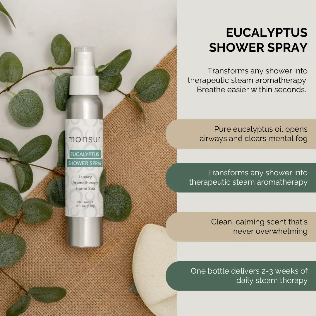 Eucalyptus shower spray aromatherapy mist with fresh eucalyptus leaves for steam therapy and respiratory comfort during illness recovery and post-surgical healing