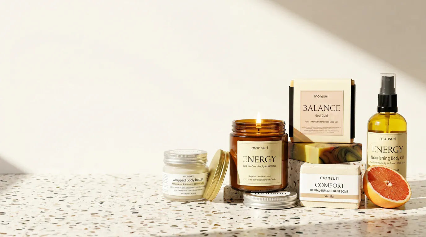 The five pieces on a terrazzo counter in raking daylight, the candle lit with its gold lid beside it and a halved grapefruit at the end of the row.