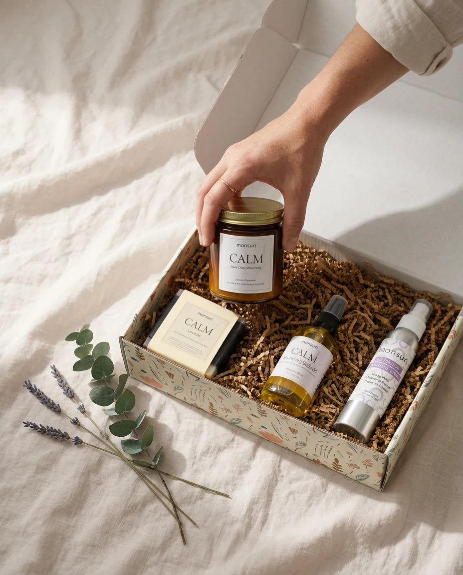 A Monsuri kraft gift box filled with bath and body pieces