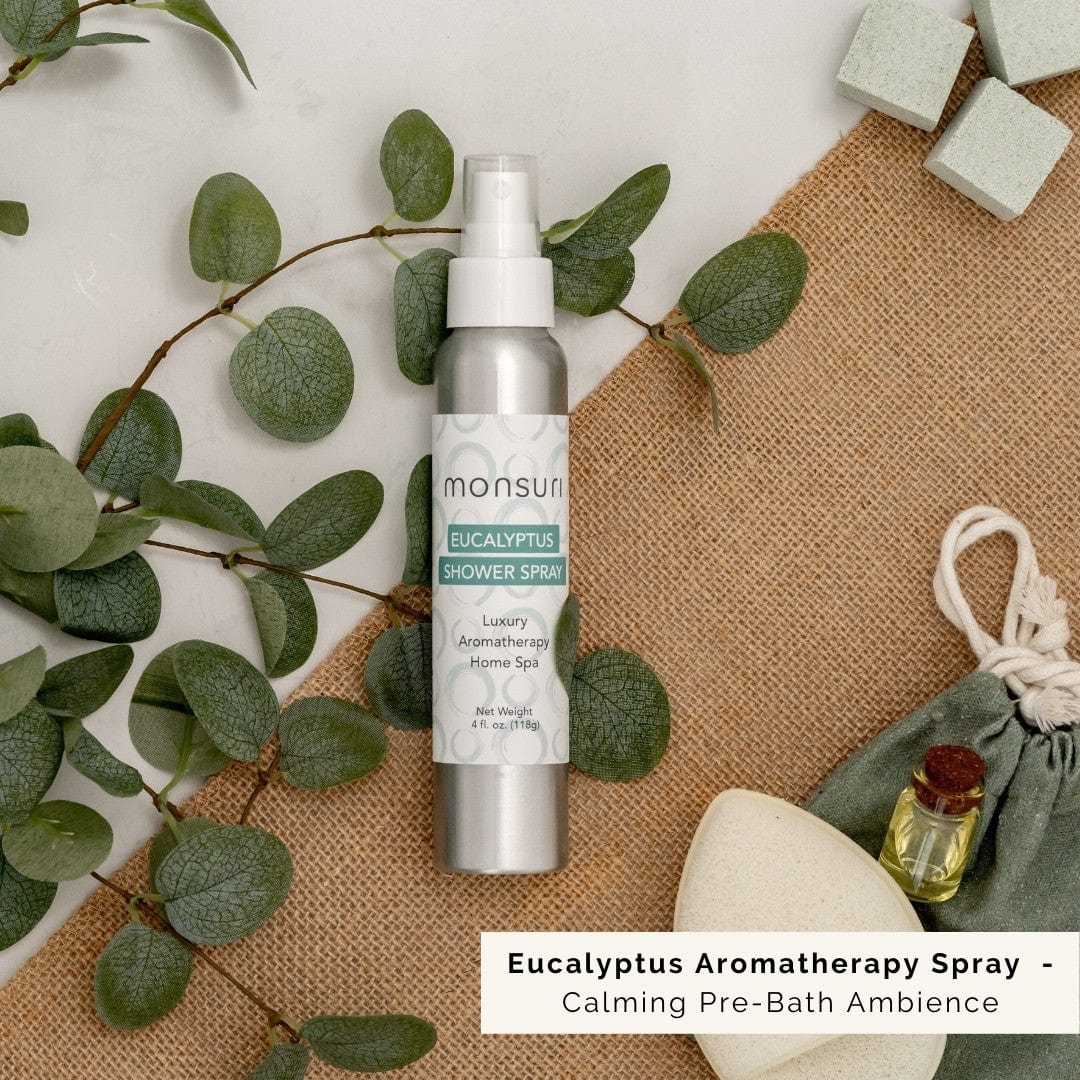 Close-up of Monsuri Eucalyptus Aromatherapy Spray with natural eucalyptus.