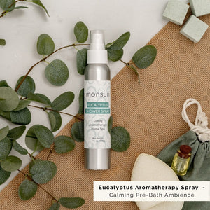 Close-up of Monsuri Eucalyptus Aromatherapy Spray with natural eucalyptus.
